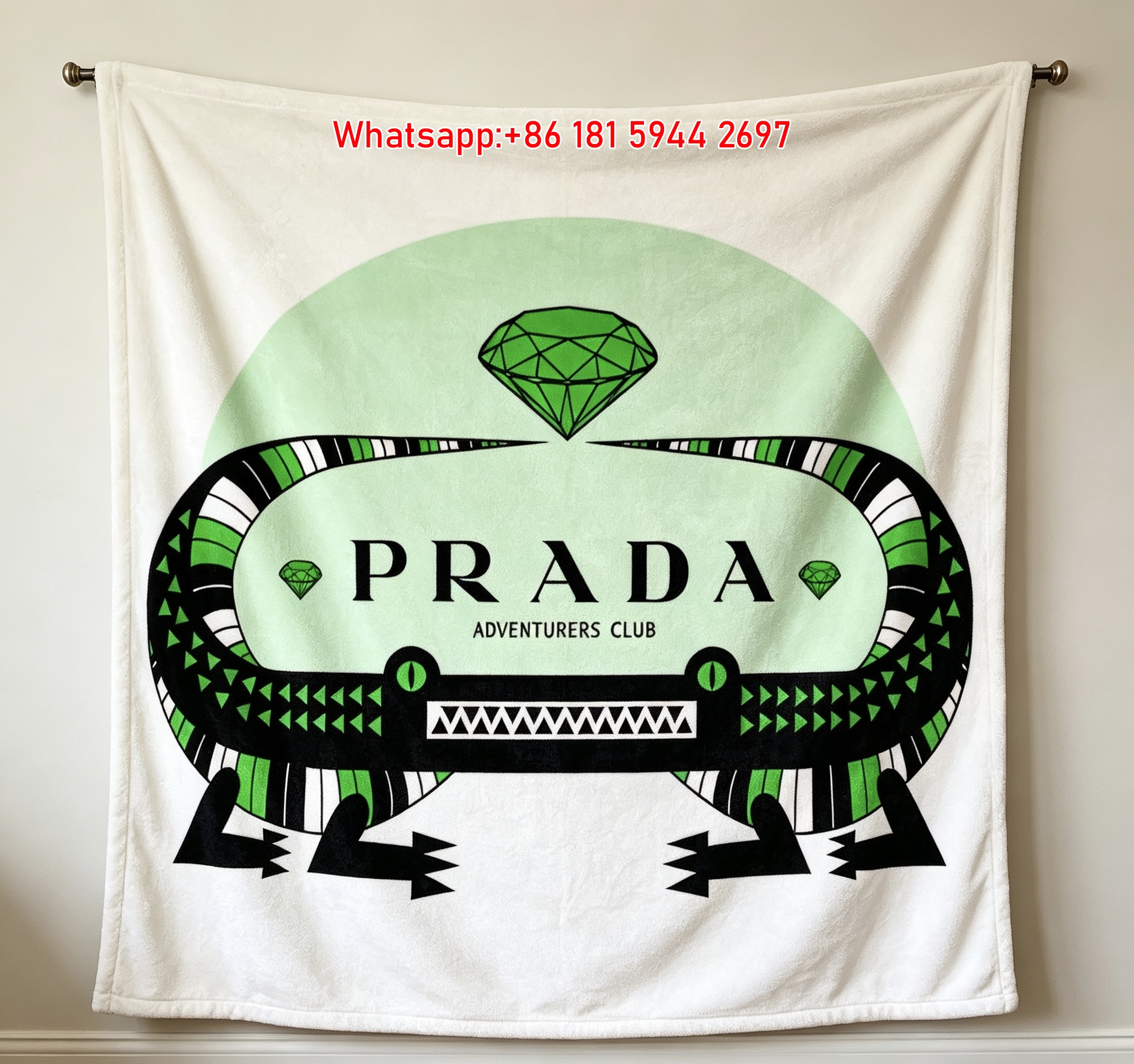 Prada Adventurers Club Green Black Crocodile Print Flannel Throw Blanket IMG_2809